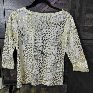 Rebecca Malone White Top with Metallic Gold Animal Print
